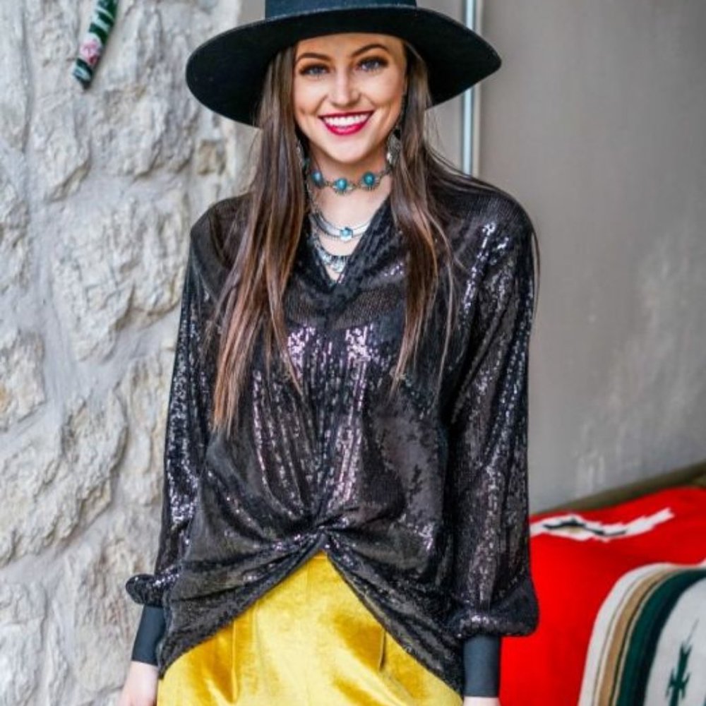 Black Long Sleeve Sequin Knot Tie Blouse NWT - Picture 4 of 5